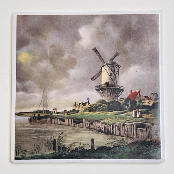 Vintage Windmill Scene Tile Coaster Made In Germany - Picture 2 of 8